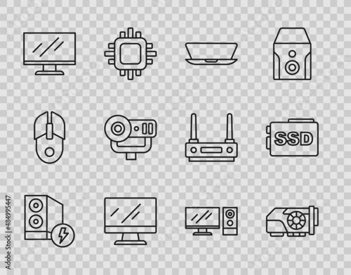 Set line Case of computer, Video graphic card, Laptop, Computer monitor screen, Web camera, and SSD icon. Vector