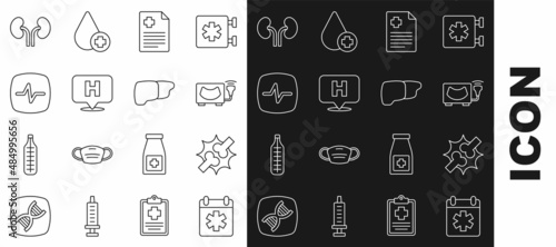 Set line Doctor appointment, Joint pain, knee pain, Ultrasound, Patient record, Location hospital, Heart rate, Human kidneys and organ liver icon. Vector