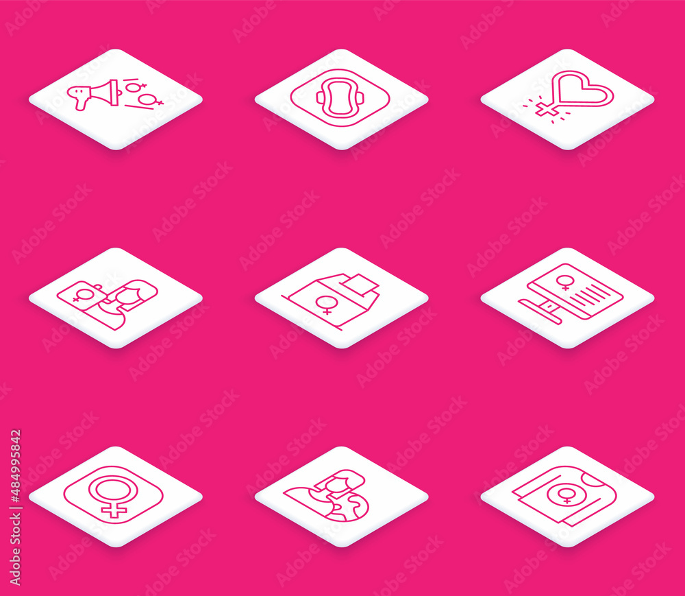Set line Feminist activist, Sanitary napkin, Feminism, Female vote right, Dating app, gender and Women from different countries icon. Vector Set line Feminist activist, Sanitary napkin, Feminism, Female vote right, Dating app, gender and Women from different countries icon. Vector