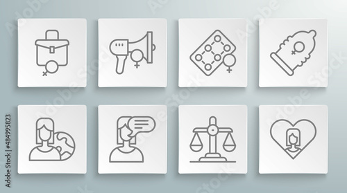 Set line Women from different countries, Feminist activist, Female opinion, Gender equality, Heart with female, Packaging of birth control pills, Condom and Work for icon. Vector
