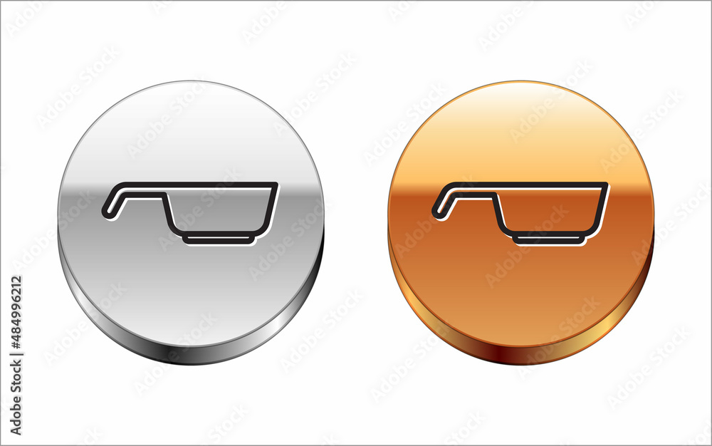 Black line Frying pan icon isolated on white background. Fry or roast food symbol. Silver-gold circle button. Vector Black line Frying pan icon isolated on white background. Fry or roast food symbol. Silver-gold circle button. Vector