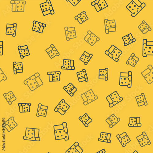 Blue line Bread toast for sandwich piece of roasted crouton icon isolated seamless pattern on yellow background. Lunch, dinner, breakfast snack. Vector