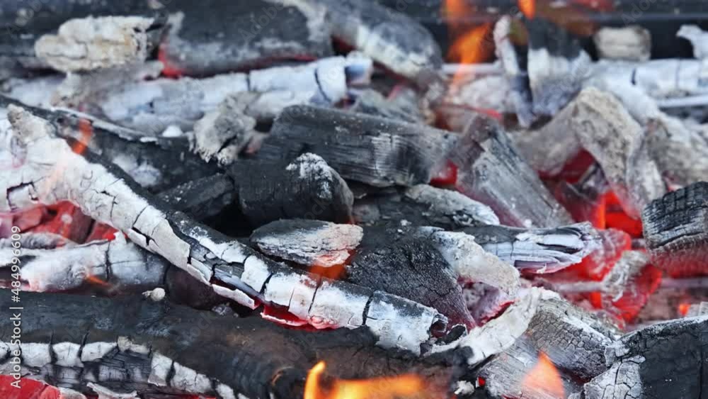 Flame of fire from burning charcoal log in the bonfire on the BBQ grill Flame of fire from burning charcoal log in the bonfire on the BBQ grill