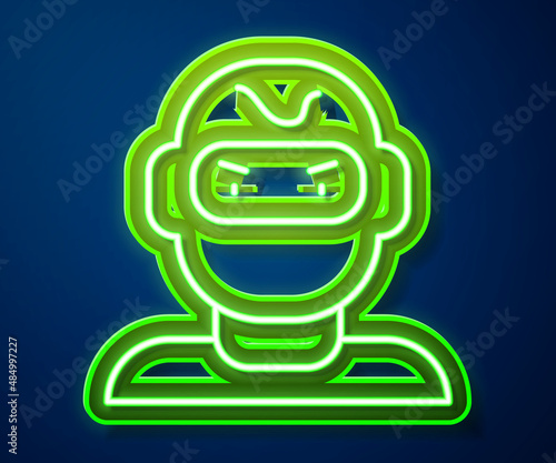 Glowing neon line Thief mask icon isolated on blue background. Bandit mask, criminal man. Vector