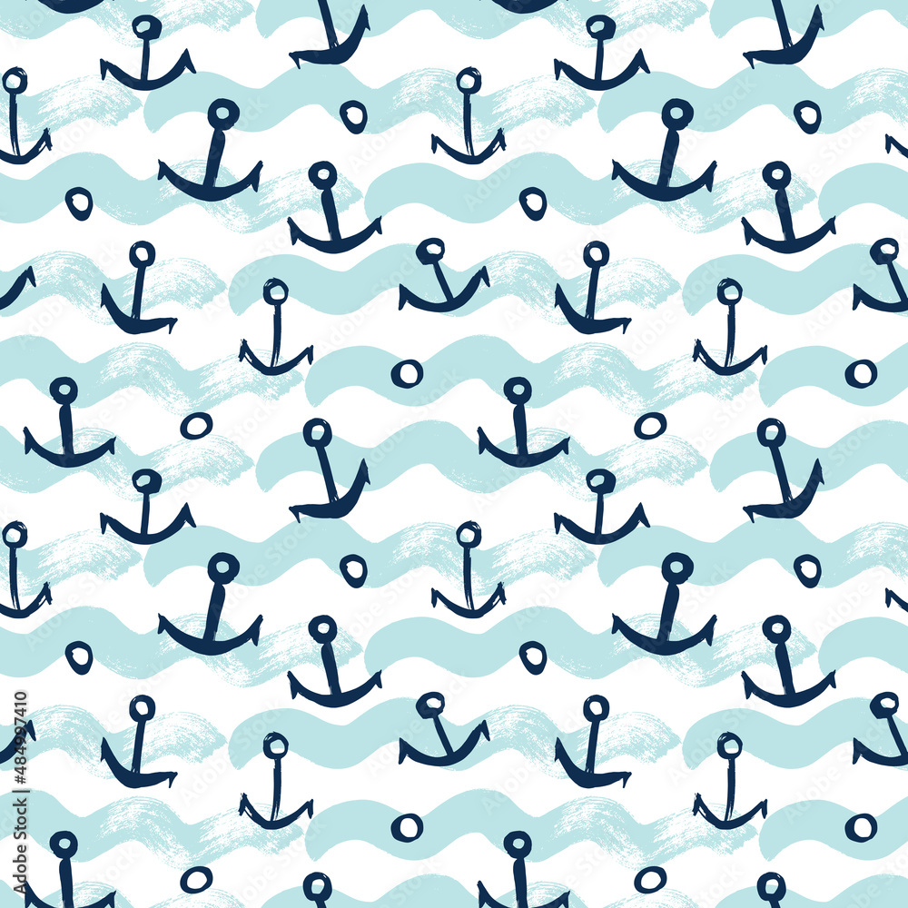 Waves and the outline of a sailboat. Seamless pattern. Vector illustration. Blue color. Waves and the outline of a sailboat. Seamless pattern. Vector illustration. Blue color.