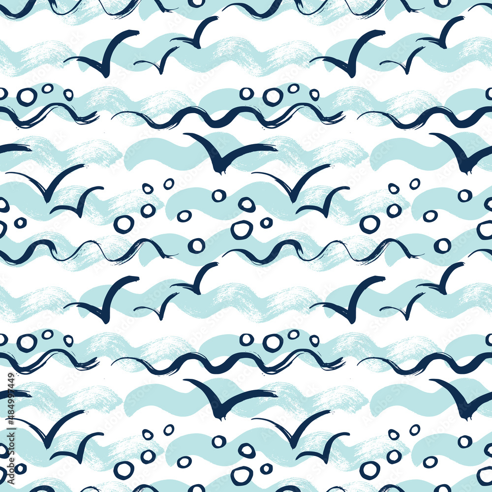 Waves and the outline of a sailboat. Seamless pattern. Vector illustration. Blue color. Waves and the outline of a sailboat. Seamless pattern. Vector illustration. Blue color.