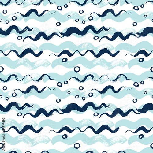 Waves and the outline of a sailboat. Seamless pattern. Vector illustration. Blue color.