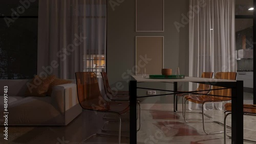 Partially Illuminated Open Plan Kitchen and Living Room After Sunset 3D Rendering