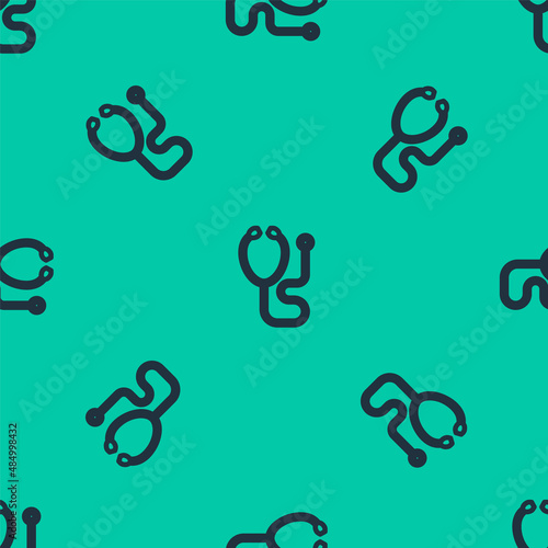 Blue line Stethoscope medical instrument icon isolated seamless pattern on green background. Vector