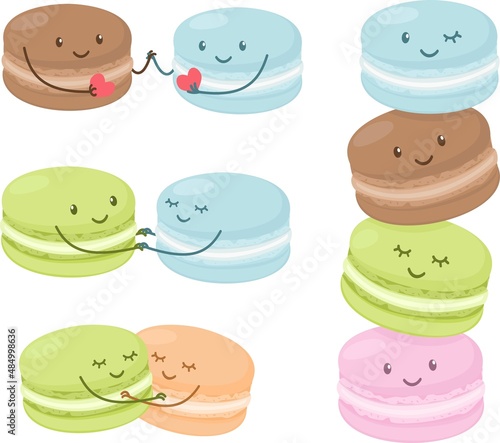 Vector set of characters. Lovers macaroons, cake characters. Cute macaroons are holding hands and holding valentines. Set of characters for Valentine's Day