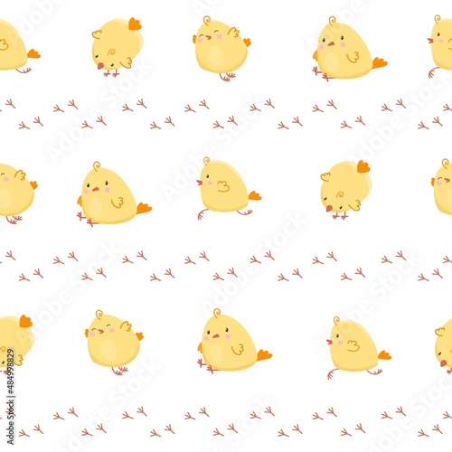 Seamless vector pattern. Running chickens and bird tracks