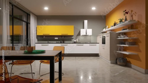 Illuminated Kitchen View from the Living Room at Night 3D Rendering