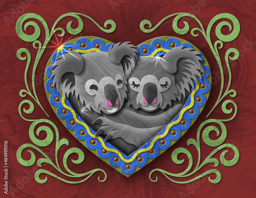 Koala bears hugging in a Valentine heart suitable for greeting card