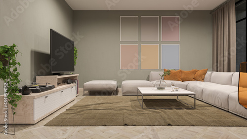 Illuminated Open Plan Living Room Design 3D Rendering