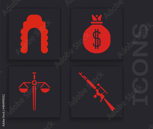 Set Sniper rifle with scope, Judge wig, Money bag and Scales of justice icon. Vector