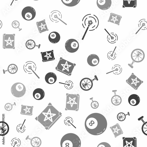 Set Magic wand, Magic ball of predictions, Unicycle or one wheel bicycle and Ancient magic book on seamless pattern. Vector