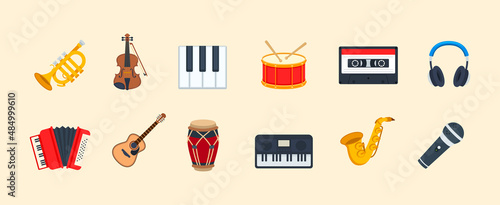 Music instruments color icon set. Vector Music emoji illustration collection
