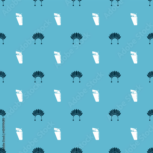 Set Indian headdress with feathers and Revolver gun in holster on seamless pattern. Vector