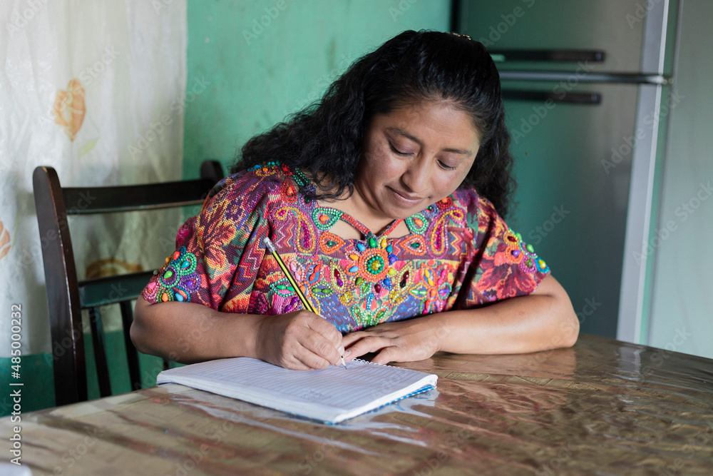 Hispanic adult woman studying at home - family mother handling household finances - Mayan woman learning to read and write Hispanic adult woman studying at home - family mother handling household finances - Mayan woman learning to read and write