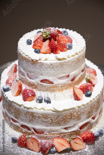 Wedding cake used at a wedding reception photo