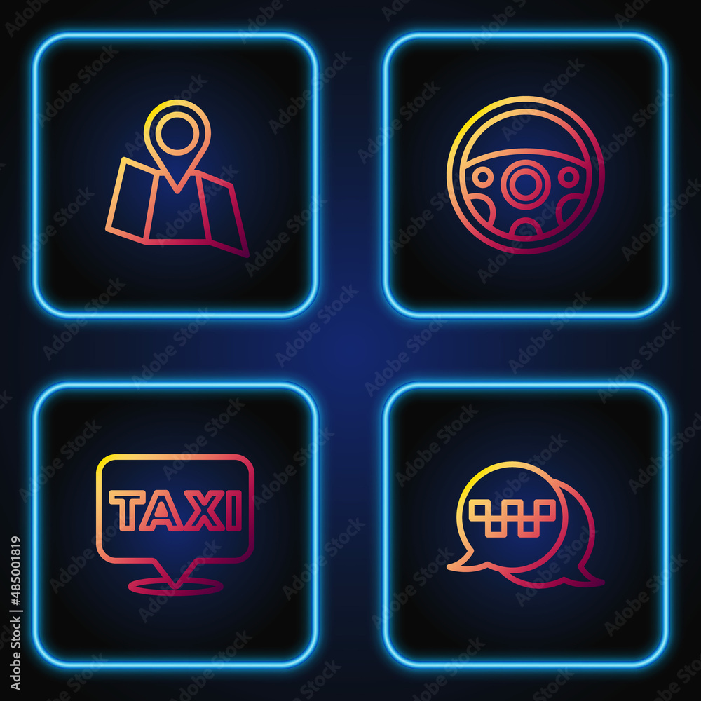 Set line Taxi call telephone service, Location with taxi, Folded map location and Steering wheel. Gradient color icons. Vector Set line Taxi call telephone service, Location with taxi, Folded map location and Steering wheel. Gradient color icons. Vector