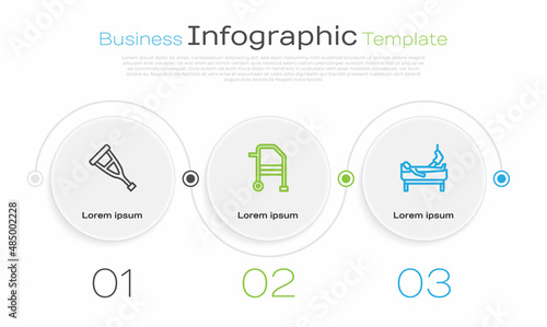 Set line Crutch or crutches, Walker and Patient with broken leg. Business infographic template. Vector