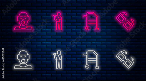 Set line Human broken arm, Walker, Head of deaf and dumb and Eyeglasses. Glowing neon icon on brick wall. Vector