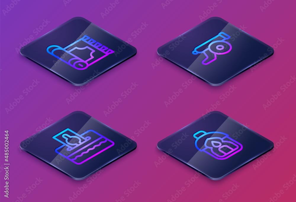 Set Isometric line Traditional carpet, Donate or pay your zakat, Ramadan cannon and Kareem lantern. Blue square button. Vector Set Isometric line Traditional carpet, Donate or pay your zakat, Ramadan cannon and Kareem lantern. Blue square button. Vector