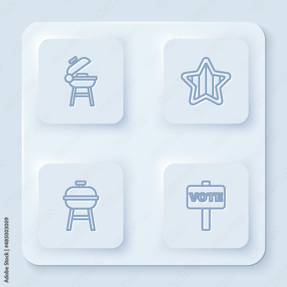 Set line Barbecue grill, USA Independence day, and Vote. White square button. Vector