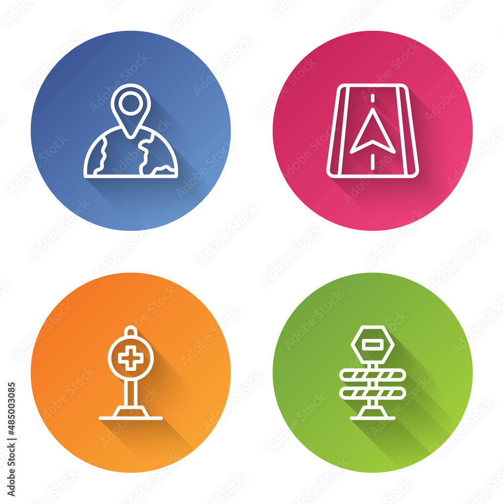 Set line Location on the globe, City map navigation, with cross hospital and Road barrier. Color circle button. Vector Set line Location on the globe, City map navigation, with cross hospital and Road barrier. Color circle button. Vector