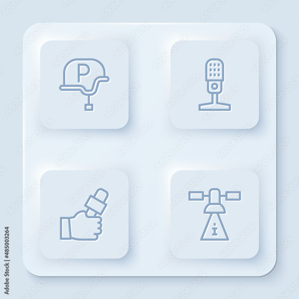 Set line War journalist, Microphone, Journalist news and Satellite. White square button. Vector Set line War journalist, Microphone, Journalist news and Satellite. White square button. Vector