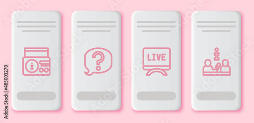 Set line News on radio channel, Speech bubble chat, Live report and Interview. White rectangle button. Vector