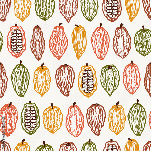 Cocoa Beans Varieties Seamless Pattern. Different Variety of Colorful Cacao Pods Fruits Background. Vector illustration