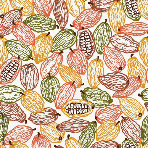 Heap of Cocoa Beans Varieties Seamless Pattern. Different Variety of Colorful Cacao Pods Fruits Background. Vector illustration