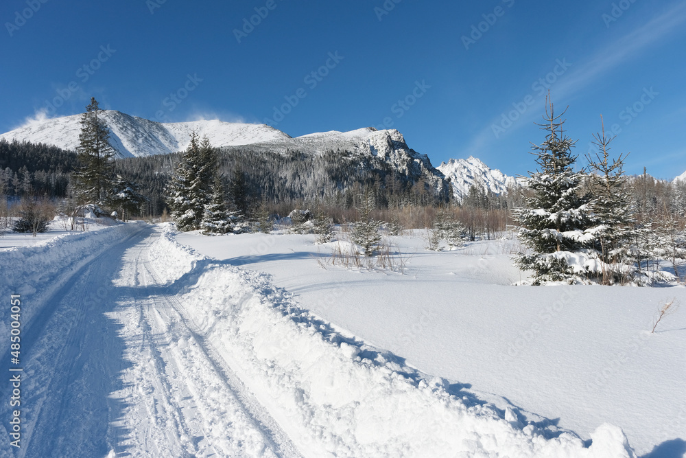 Beautiful snowy scenery with tourist path and mountains in High Tatras near to Poprad Lake, Slovakia