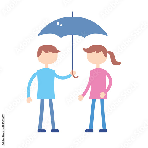 Man holding open umbrella over girl or young woman isolated flat vector illustration
