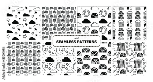 Set of vector background. Cloud, rainbow, heart, rain, sun, moon, water, drops. Pack of childhood seamless patterns. For printing on paper and fabric.
