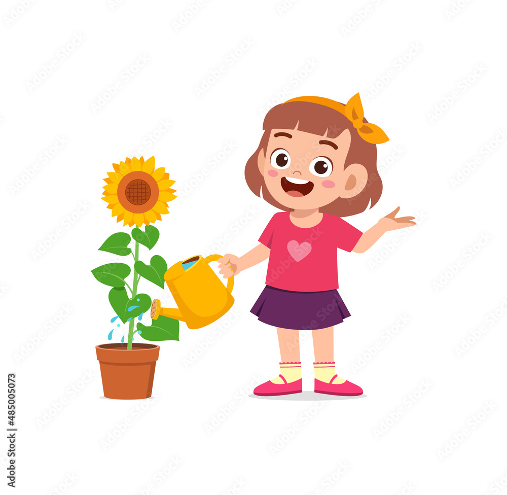 cute little girl stand and watering sun flower cute little girl stand and watering sun flower