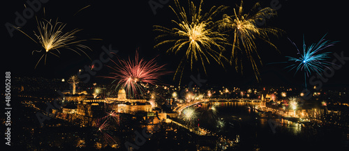 Photography New year celebrations with fireworks in Budapest from the hilltops