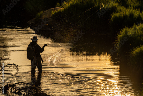 Fly Fisherman Casts Line in Shallow River photo