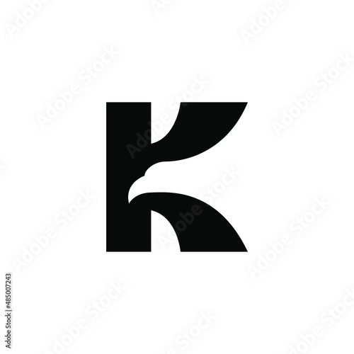 letter K eagle logo design. Letter K initials. Eagle head silhouette negative space