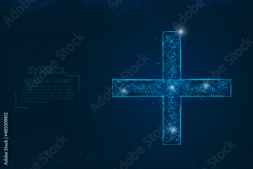 Abstract isolated blue image of a plus or cross sign. Polygonal illustration looks like stars in the blask night sky in spase or flying glass shards. Digital design for website, web, internet.