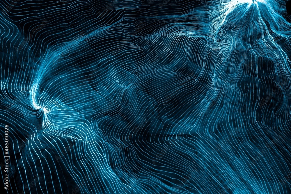 Abstract wave of digital weave lines connecting network dots and dark ...