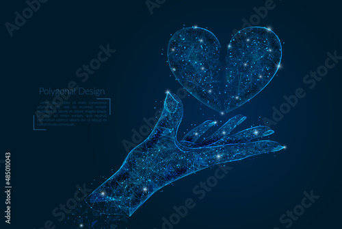 Abstract isolated image of human hand holding broken heart. Polygonal low poly style illustration looks like stars in the blask night sky in spase or flying glass shards.