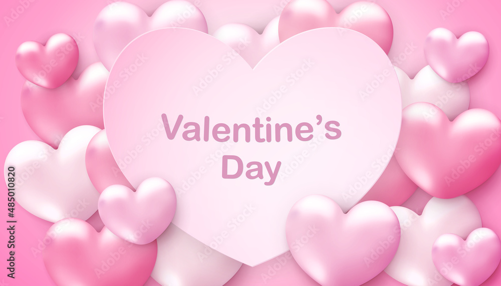 Happy Valentine's Day background with 3d pink heart ballons. Cute love banner or greeting card. Place for text