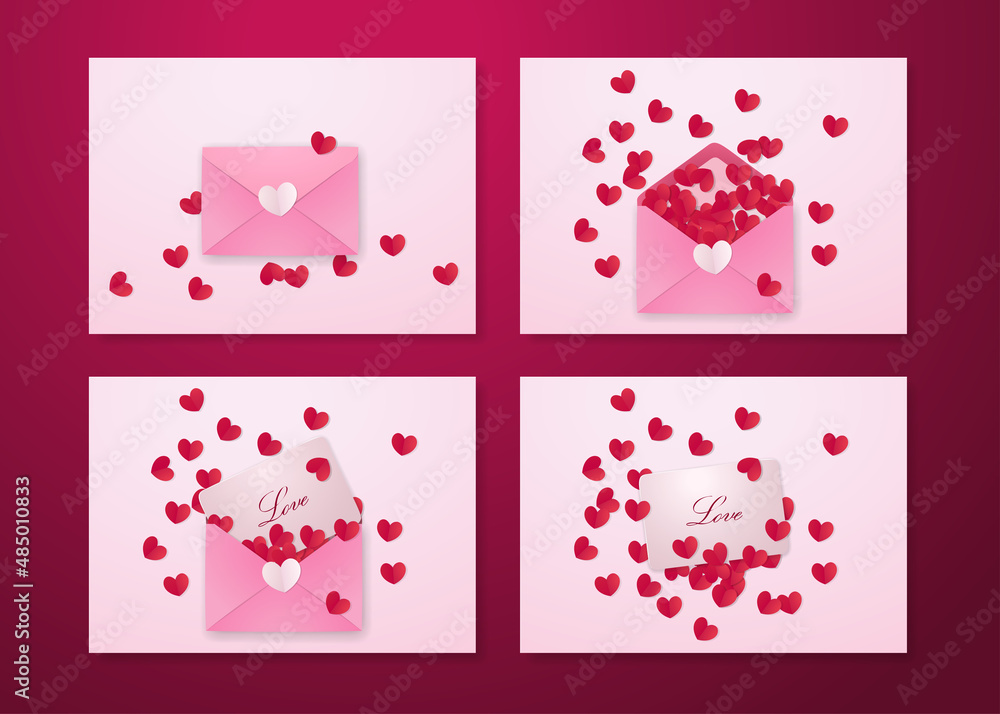 Romantic valentine's day illustration. Pink envelope, paper hearts and greeting card. Love message.