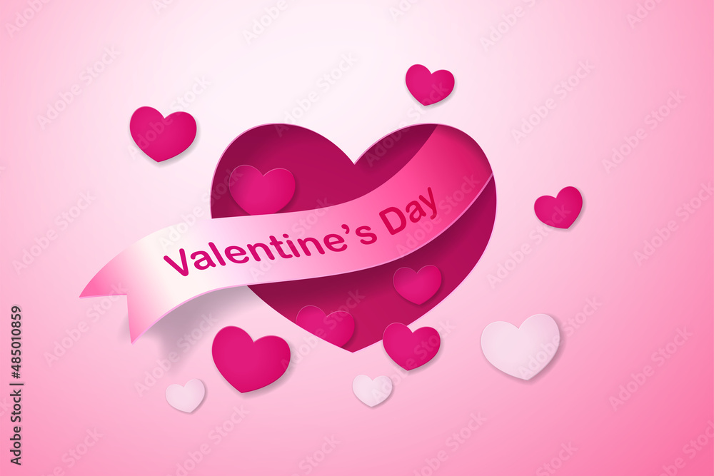 Happy Valentine's Day paper cut illustration with love shape and ribbon on pink background.