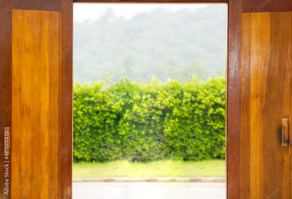Open the empty room door to nature and garden. Open the empty room door to nature and garden.