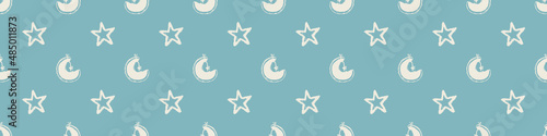 Gender neutral sleepy star and moon seamless vector background. Simple whimsical romantic 2 tone pattern banner. Kids nursery wallpaper or scandi band.