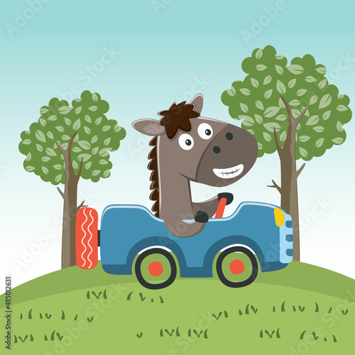 Cute little horse driving a car go to forest funny animal cartoon,vector illustration. Vector illustration. T-Shirt Design for children. Design elements for kids.